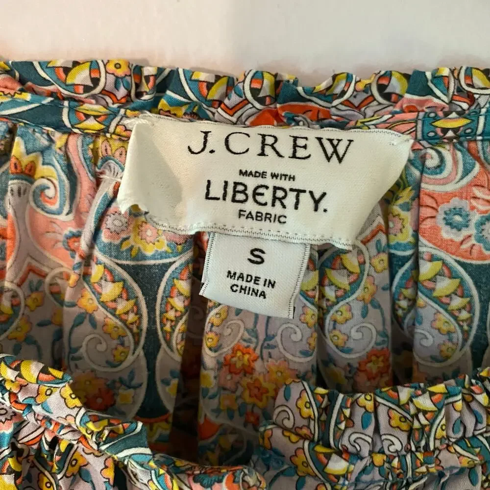 J. Crew Liberty Fabric Blue Pink Paisley Button Down Peasant Blouse Women Small